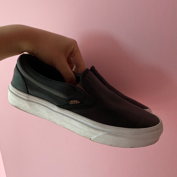 Vans Black Leather Slip Ons - Picture 1 of 4